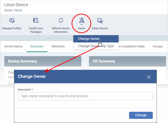 Change A Devices Owner, Security Manager, Endpoint Manager COMODO
